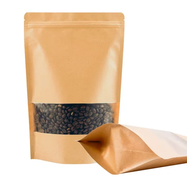 Kraft tin-tie and zip-lock paper bags with window for coffee, tea and snacks